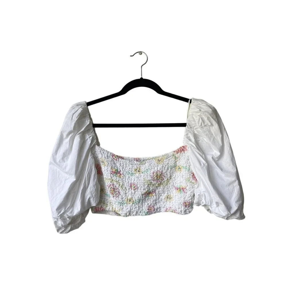 Zara Fairy Y2K Cropped Top Smocked Puff Sleeve Cottagecore White Floral Coquette - Picture 2 of 4